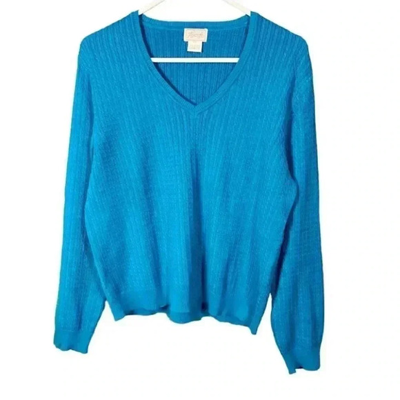Foxcroft Blue V-Neck Popover Causal Cable Knit Sweater - Picture 1 of 5